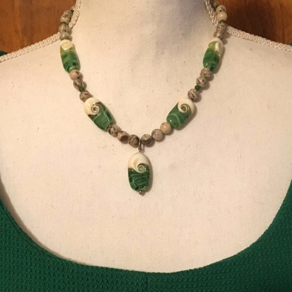 Drop Necklace with Shiva Eye Shells Fused with Emerald Green Murano Glass Beads